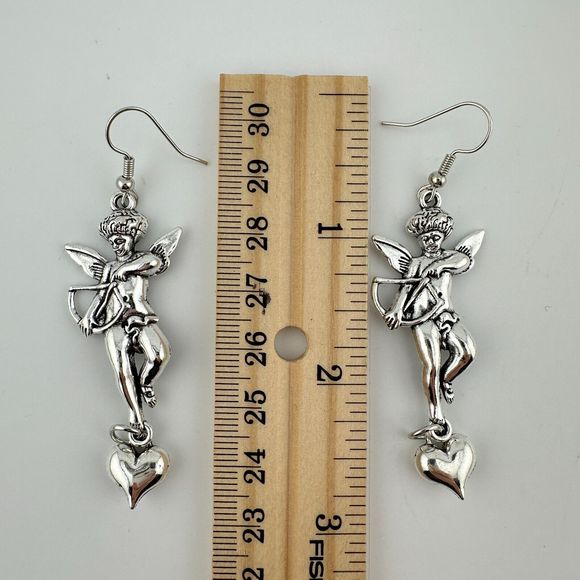 Cupid Angel Heart Dangle Charm Earrings Silver Tone 3" Long Valentine Love Shiny - Picture 6 of 6